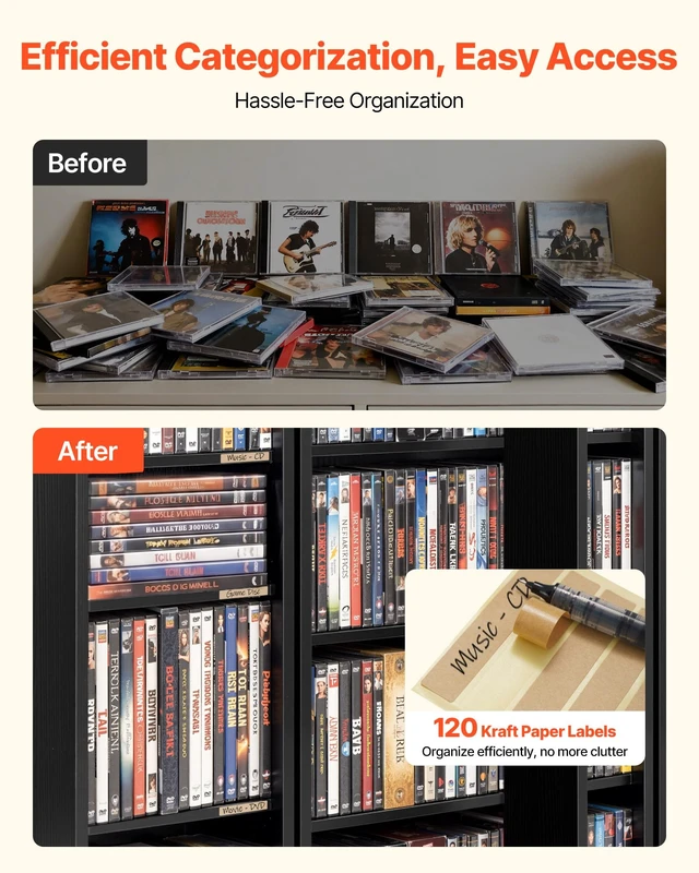 Alt view image 7 of 7 - Media Storage Cabinet, 4-Tier DVD Shelf Organizer, 24.02 x 14.49 x 33.31 in Multimedia Storage Organizer for CDs, DVDs, Books, Games, CD Shelf for Living Room, Home Office, Recording Room, Black