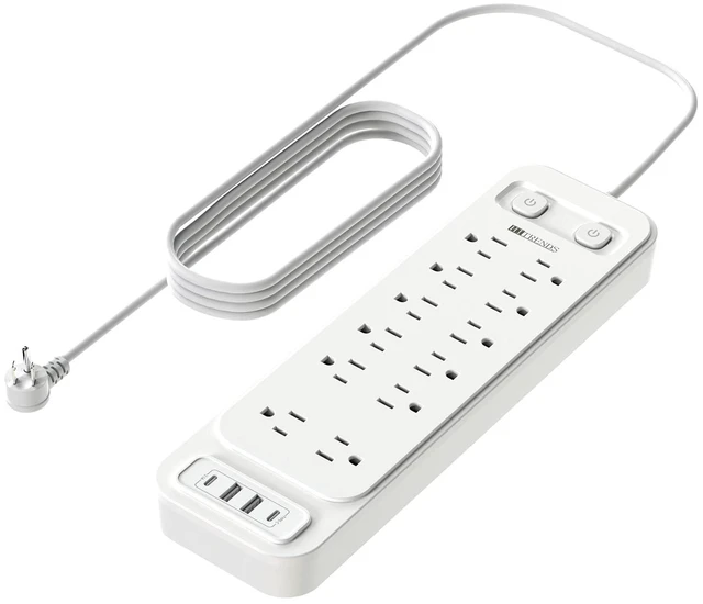 Main image of 12-Outlet Surge Protector Power Strip with 2 USB A + 2 USB C, 6FT Flat Plug Extension Cord, Dual Switches, Wide Spacing, 1250W/10A Multi Plug Outlet for Home Office Dormitory, White