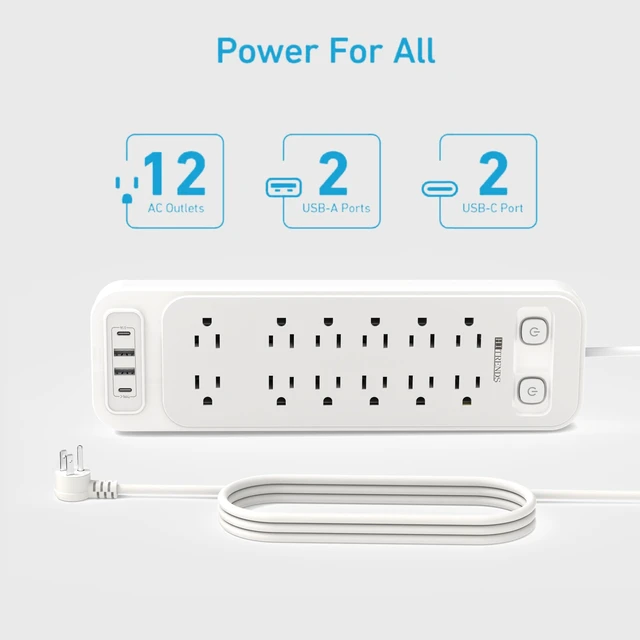Alt view image 2 of 7 - 12-Outlet Surge Protector Power Strip with 2 USB A + 2 USB C, 6FT Flat Plug Extension Cord, Dual Switches, Wide Spacing, 1250W/10A Multi Plug Outlet for Home Office Dormitory, White