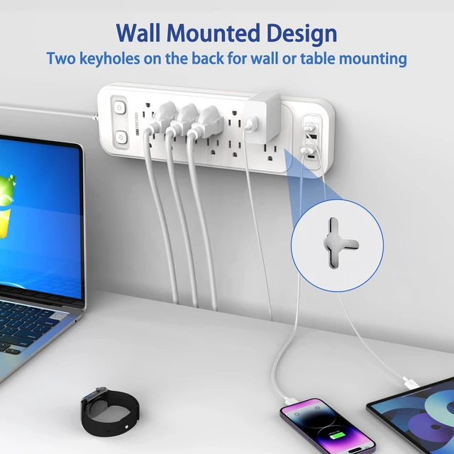 Alt view image 5 of 7 - 12-Outlet Surge Protector Power Strip with 2 USB A + 2 USB C, 6FT Flat Plug Extension Cord, Dual Switches, Wide Spacing, 1250W/10A Multi Plug Outlet for Home Office Dormitory, White
