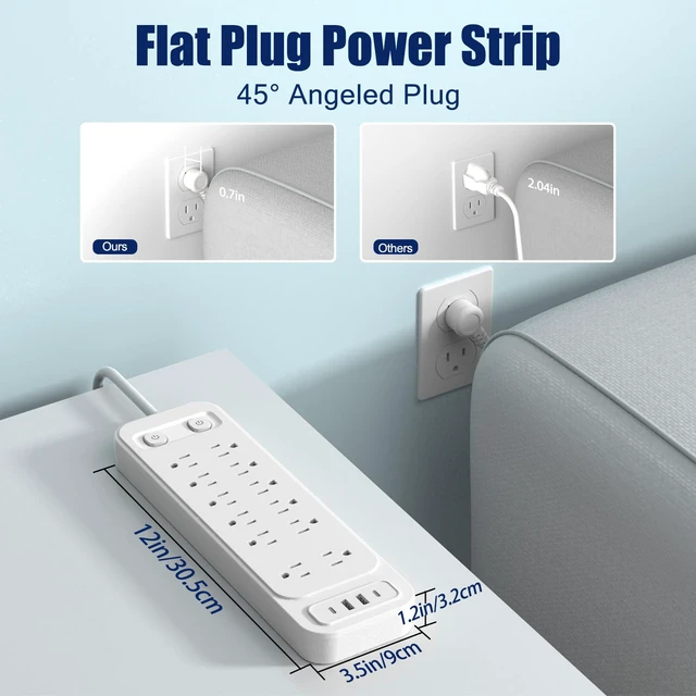 Alt view image 7 of 7 - 12-Outlet Surge Protector Power Strip with 2 USB A + 2 USB C, 6FT Flat Plug Extension Cord, Dual Switches, Wide Spacing, 1250W/10A Multi Plug Outlet for Home Office Dormitory, White