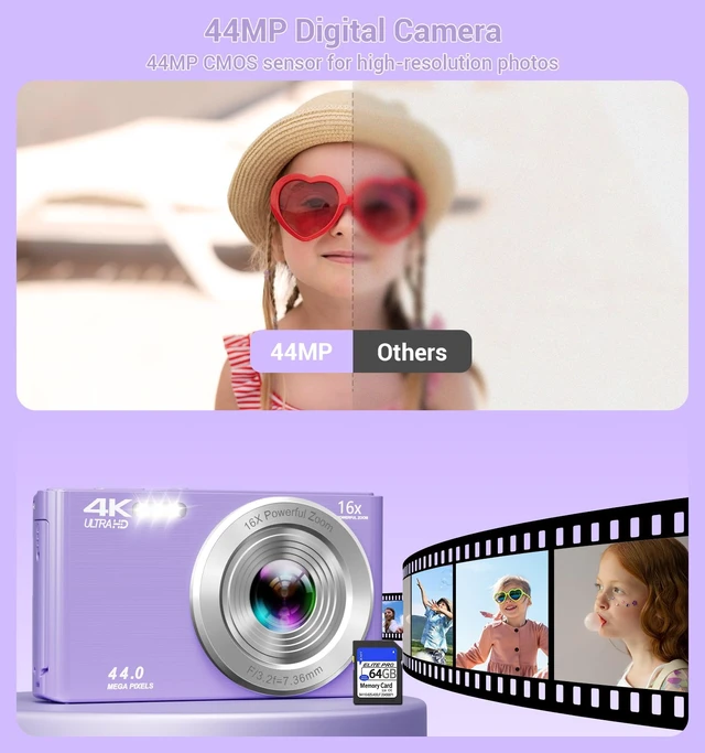 Alt view image 3 of 7 - Digital Camera, 2026 Upgraded FHD 4K Camera Digital with 16X Zoom, Small Portable Camera with 64GB Memory Card 2 Batteries, Compact Travel Digital Camera for Beginners Students Boys Girls