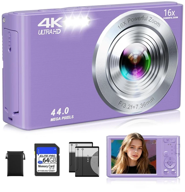 Main image of Digital Camera, 2026 Upgraded FHD 4K Camera Digital with 16X Zoom, Small Portable Camera with 64GB Memory Card 2 Batteries, Compact Travel Digital Camera for Beginners Students Boys Girls