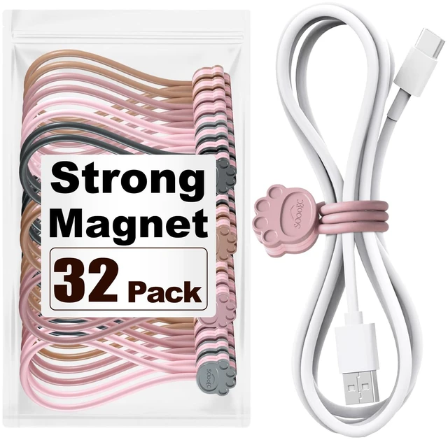 Main image of Magnetic Cable Ties 32 Pack, Dual-Color Cat Paw 7.2" Silicone Ties Strong Magnet Hold / Embedded Safe Magnet / Easy Slide Open / Flex Silicone / Dual-Color Cat Paw / Multi Use / Fridge Magnet