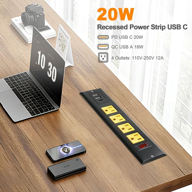 Alt view image 3 of 6 - 20W Mountable Recessed Power Strip USB C Ports 4 Outlets Fast Charge 3 USB Flush Mount Power Socket Built in Multiple Protection for Desk Counter Workbench