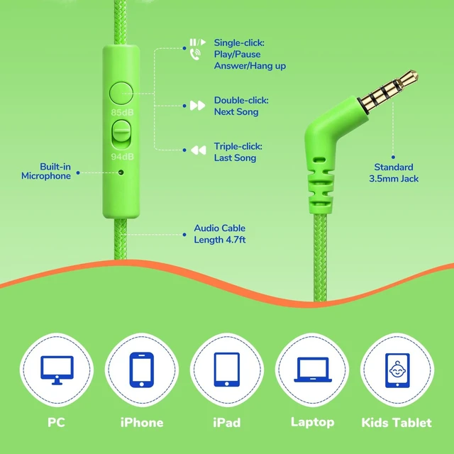 Alt view image 7 of 7 - Kids Headphones with Cord with Mic, 85/94dB Safe Volume Limit HD mic, over-ear foldable, 3.5mm for iPad, tablet/computer, Kids Wired Headphones for school, travel, boys girls Flare Series