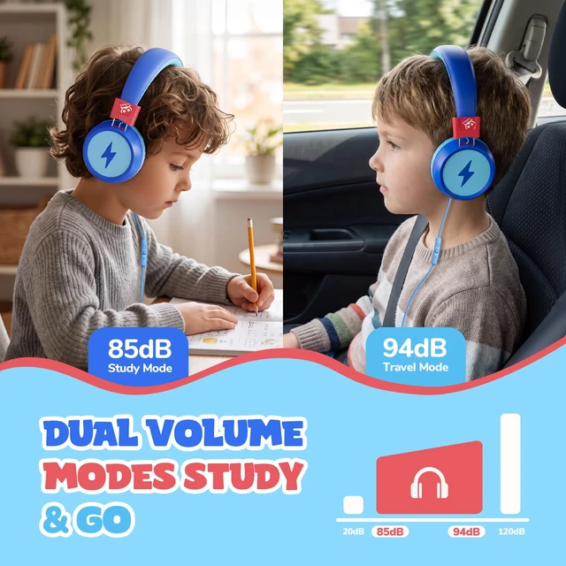 Alt view image 2 of 7 - Kids Headphones with Cord with Mic, 85/94dB Safe Volume Limit HD mic, over-ear foldable, 3.5mm for iPad, tablet/computer, Kids Wired Headphones for school, travel, boys girls Flare Series