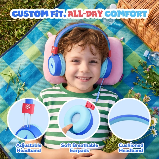 Alt view image 4 of 7 - Kids Headphones with Cord with Mic, 85/94dB Safe Volume Limit HD mic, over-ear foldable, 3.5mm for iPad, tablet/computer, Kids Wired Headphones for school, travel, boys girls Flare Series
