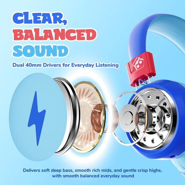 Alt view image 5 of 7 - Kids Headphones with Cord with Mic, 85/94dB Safe Volume Limit HD mic, over-ear foldable, 3.5mm for iPad, tablet/computer, Kids Wired Headphones for school, travel, boys girls Flare Series