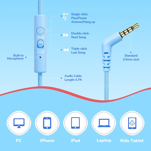 Alt view image 7 of 7 - Kids Headphones with Cord with Mic, 85/94dB Safe Volume Limit HD mic, over-ear foldable, 3.5mm for iPad, tablet/computer, Kids Wired Headphones for school, travel, boys girls Flare Series