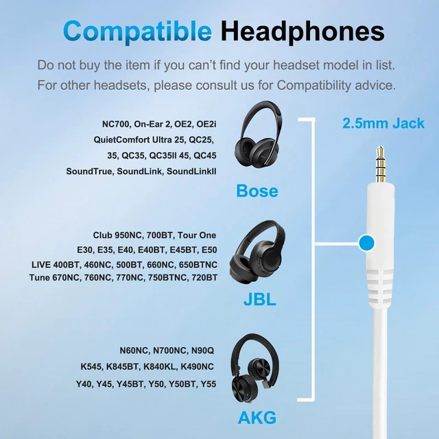 Alt view image 2 of 7 - Bose Headphones Replacement Audio Cable, Aux Cord 3.5mm to 2.5mm Wire For Bose 700 QuietComfort Ultra QC25 QC35 QC35II QC45 JBL Tune 720BT 670NC 760NC 770NC, in-line Mic & Volume Control - White