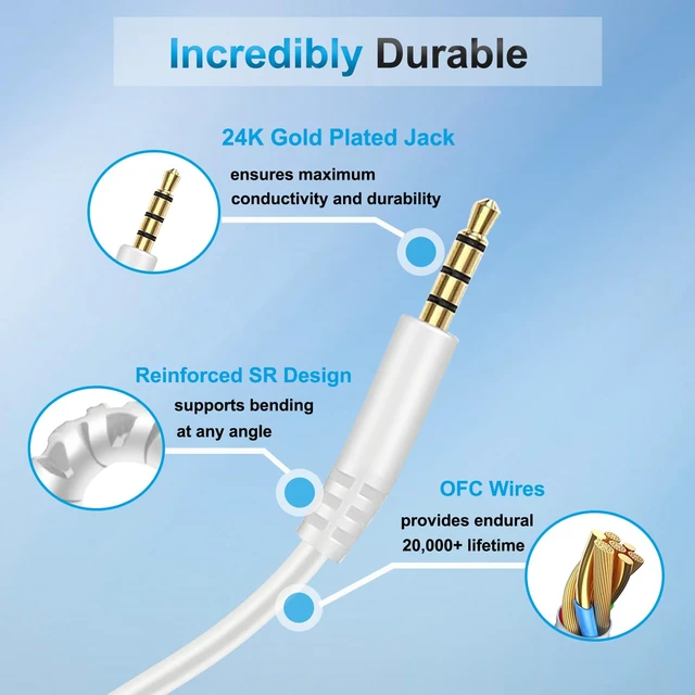 Alt view image 6 of 7 - Bose Headphones Replacement Audio Cable, Aux Cord 3.5mm to 2.5mm Wire For Bose 700 QuietComfort Ultra QC25 QC35 QC35II QC45 JBL Tune 720BT 670NC 760NC 770NC, in-line Mic & Volume Control - White