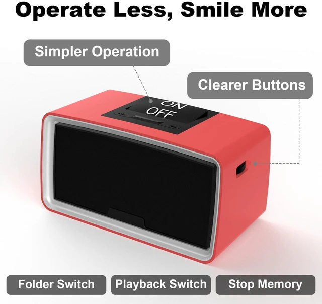 Alt view image 2 of 6 - Simple Music Player for Elderly, Easy Audiobook Player with 32GB TF Card & Card Reader for Dementia, Alzheimers, Visually Impaired, Low Vision Patients, Wired - Red