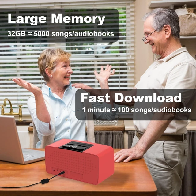 Alt view image 4 of 6 - Simple Music Player for Elderly, Easy Audiobook Player with 32GB TF Card & Card Reader for Dementia, Alzheimers, Visually Impaired, Low Vision Patients, Wired - Red