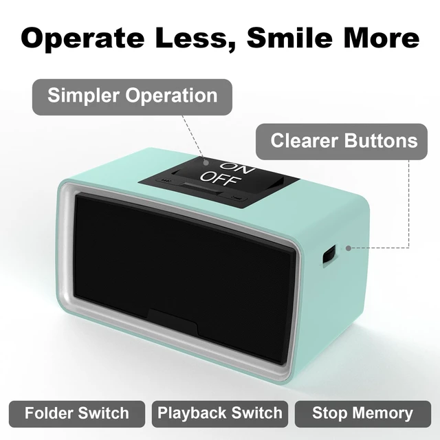 Alt view image 2 of 6 - Simple Music Player for Elderly, Easy Audiobook Player with 32GB TF Card & Card Reader for Dementia, Alzheimers, Visually Impaired, Low Vision Patients, Wired - Cyan