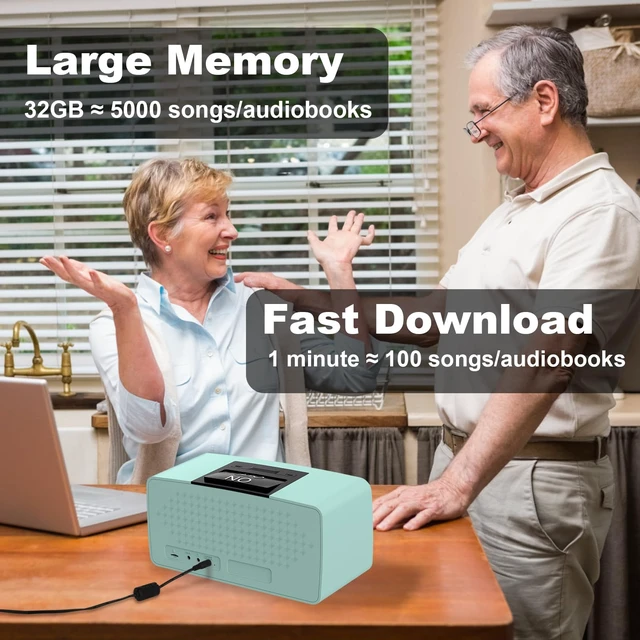 Alt view image 4 of 6 - Simple Music Player for Elderly, Easy Audiobook Player with 32GB TF Card & Card Reader for Dementia, Alzheimers, Visually Impaired, Low Vision Patients, Wired - Cyan