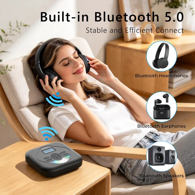 Alt view image 4 of 7 - CD Player Portable,Bluetooth Portable CD Player with Speakers Rechargeable Player for Car and Home,Small Anti-Skip Player with Dual Headphone Jacks,WAV/FLAC/MP3/CD Compatible