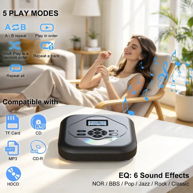 Alt view image 6 of 7 - CD Player Portable,Bluetooth Portable CD Player with Speakers Rechargeable Player for Car and Home,Small Anti-Skip Player with Dual Headphone Jacks,WAV/FLAC/MP3/CD Compatible
