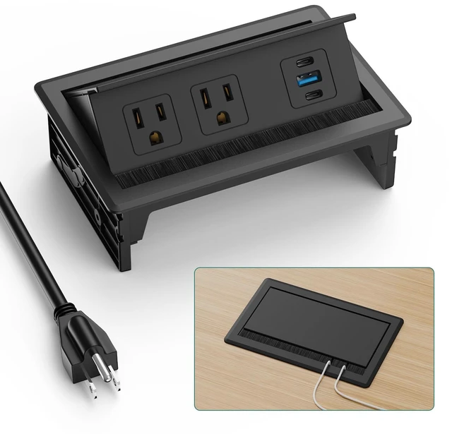 Main image of Recessed Power Strip with USB C 20W, Flush Mount Power Outlet with 2 AC Outlets 3 USB Ports, Desktop Charging Station for Nightstand Furniture Conference Table, Black