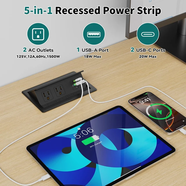 Alt view image 2 of 7 - Recessed Power Strip with USB C 20W, Flush Mount Power Outlet with 2 AC Outlets 3 USB Ports, Desktop Charging Station for Nightstand Furniture Conference Table, Black
