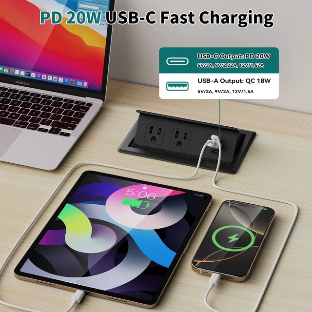 Alt view image 3 of 7 - Recessed Power Strip with USB C 20W, Flush Mount Power Outlet with 2 AC Outlets 3 USB Ports, Desktop Charging Station for Nightstand Furniture Conference Table, Black