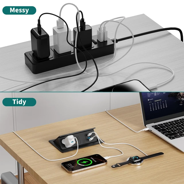 Alt view image 4 of 7 - Recessed Power Strip with USB C 20W, Flush Mount Power Outlet with 2 AC Outlets 3 USB Ports, Desktop Charging Station for Nightstand Furniture Conference Table, Black