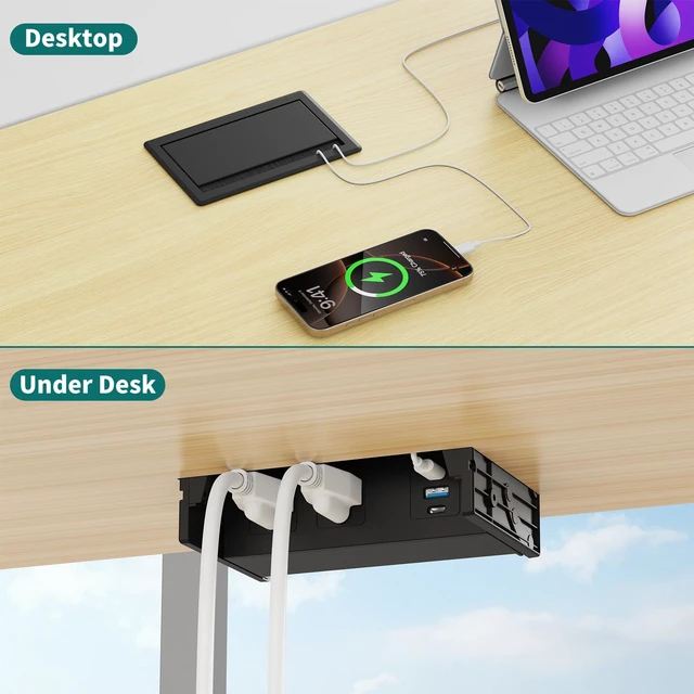 Alt view image 5 of 7 - Recessed Power Strip with USB C 20W, Flush Mount Power Outlet with 2 AC Outlets 3 USB Ports, Desktop Charging Station for Nightstand Furniture Conference Table, Black