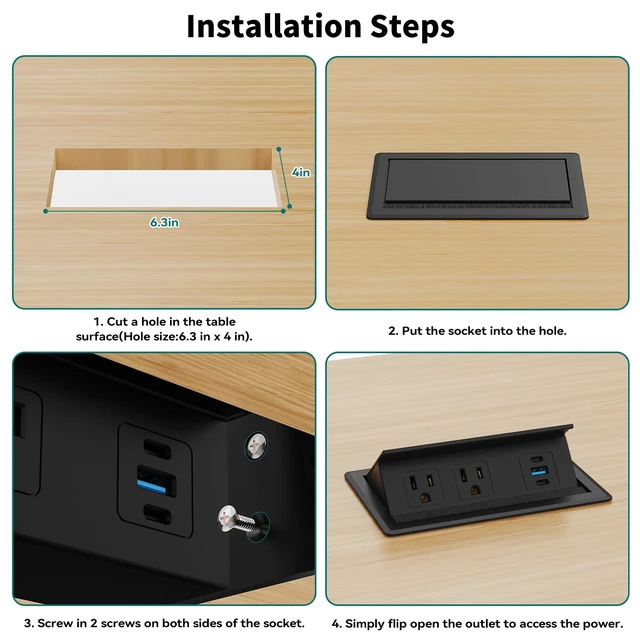 Alt view image 7 of 7 - Recessed Power Strip with USB C 20W, Flush Mount Power Outlet with 2 AC Outlets 3 USB Ports, Desktop Charging Station for Nightstand Furniture Conference Table, Black