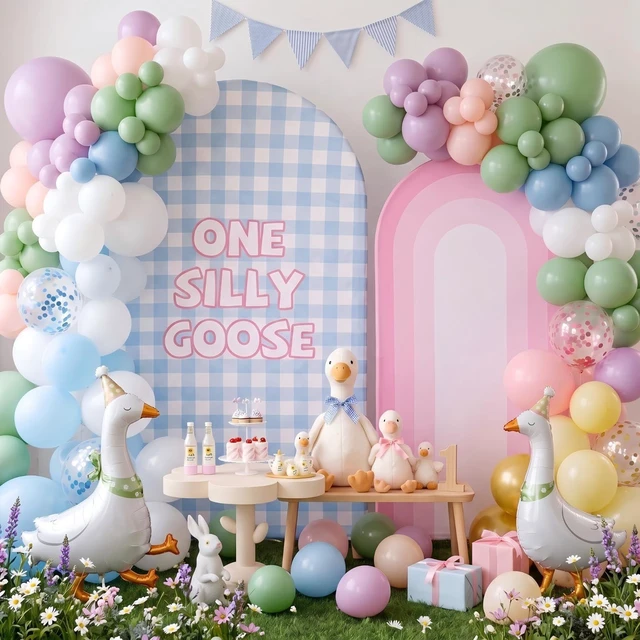 Main image of 2 Pcs 7.2ft 6ft One Silly Goose Arch Backdrop Cover,Pink Blue,Elegant Gingham, One Silly Goose Backdrop, Vintage, Farm, Stretchy Fabric, Farmhouse, Birthday Baby Shower Wedding Party Decoration