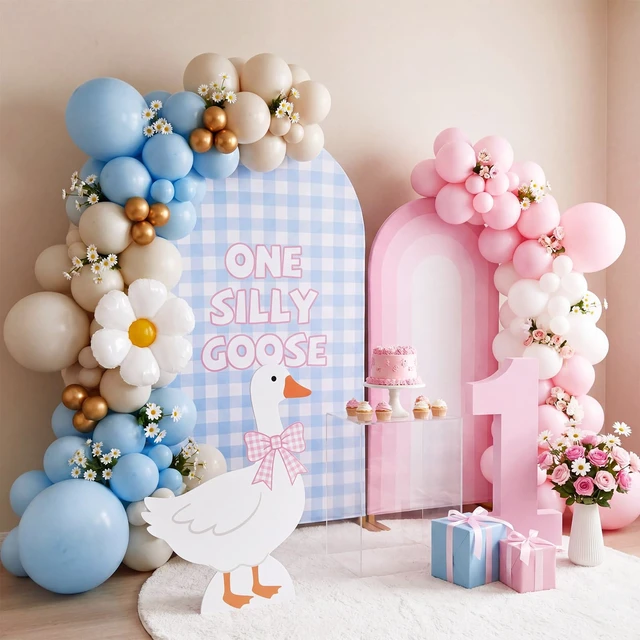 Alt view image 5 of 7 - 2 Pcs 7.2ft 6ft One Silly Goose Arch Backdrop Cover,Pink Blue,Elegant Gingham, One Silly Goose Backdrop, Vintage, Farm, Stretchy Fabric, Farmhouse, Birthday Baby Shower Wedding Party Decoration