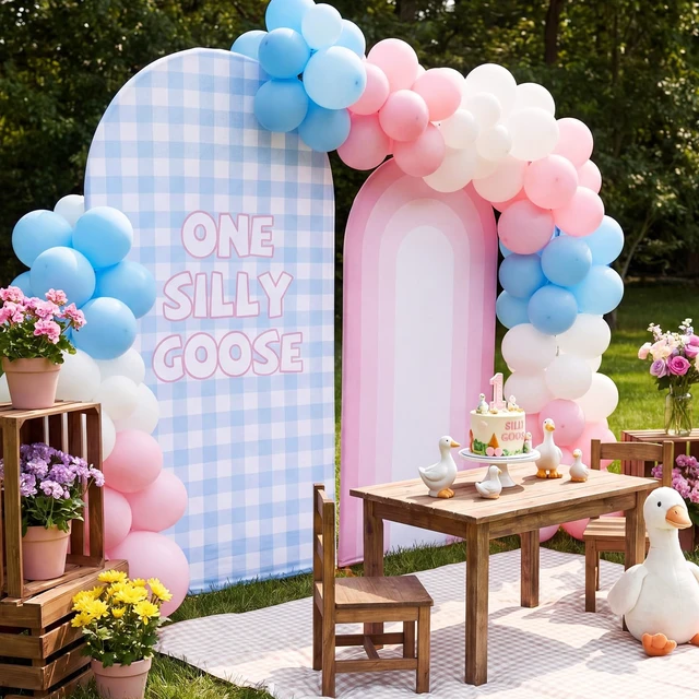 Alt view image 7 of 7 - 2 Pcs 7.2ft 6ft One Silly Goose Arch Backdrop Cover,Pink Blue,Elegant Gingham, One Silly Goose Backdrop, Vintage, Farm, Stretchy Fabric, Farmhouse, Birthday Baby Shower Wedding Party Decoration