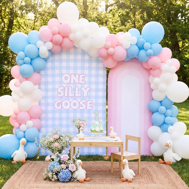 Alt view image 6 of 7 - 2 Pcs 7.2ft 6ft One Silly Goose Arch Backdrop Cover,Pink Blue,Elegant Gingham, One Silly Goose Backdrop, Vintage, Farm, Stretchy Fabric, Farmhouse, Birthday Baby Shower Wedding Party Decoration