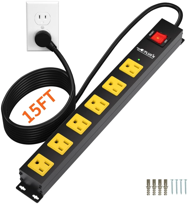 Main image of 6 Outlet Power Strip 2700J Surge Protector, Heavy Duty Power Strips with 15FT Long Cord and Flat Plug, Wall Mountable Metal Strip for Desk, Garage, Workbench and Kitchen