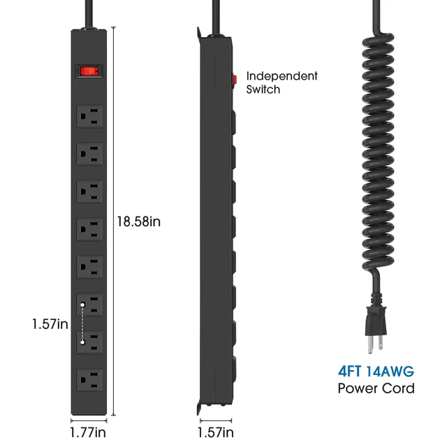 Alt view image 2 of 7 - Heavy Duty Power Strip, Spring Cord, 4FT, 2 8 Outlets Power Strip, Surge Protector Power Strip with Switch, 14AWG Extension Cord