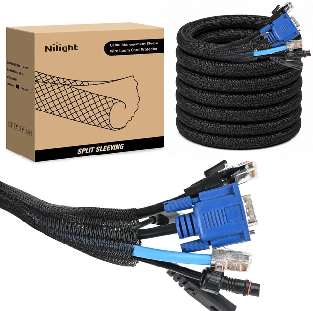 Main image of Cable Sleeve, 25ft-1inch Cord Management Sleeves Black Wire Loom Braided Sleeving, Split Self Wrapping Wire Loom for Computer Electrical Automotive Harness Protector Organizer, Black