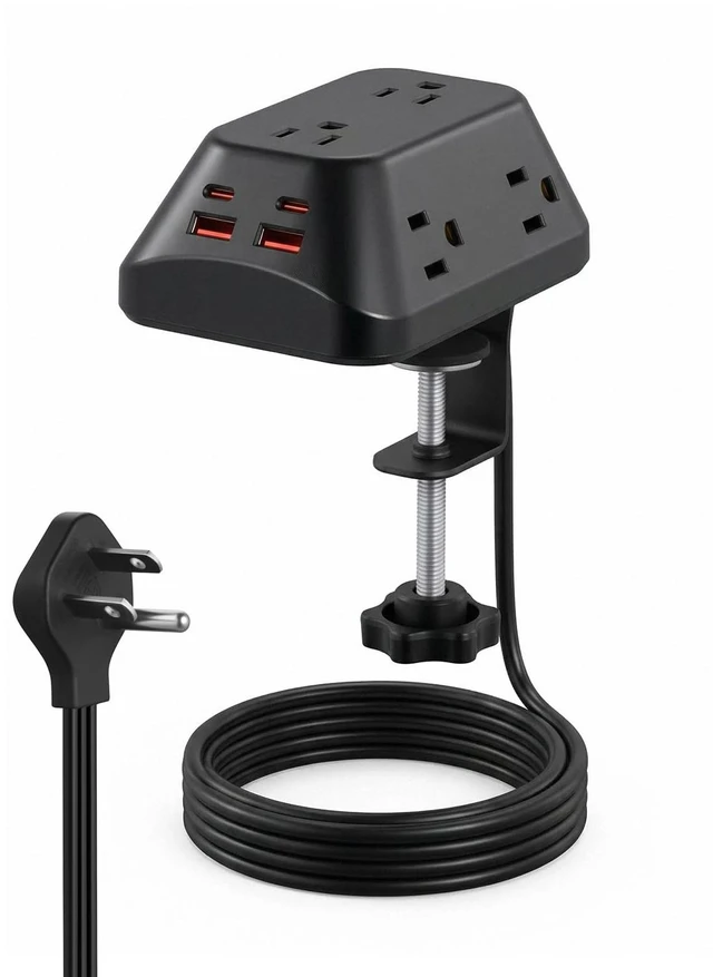 Main image of Desk Clamp Power Strip, 6 AC, 2 USB-C & 2 USB-A, 1440J, 6FT Cord Fits 1.97in Desks, 17W Shared USB Charging, 45° Flat Plug & 3-Side Layout for Home Office, Standing Desk and Gaming Setups