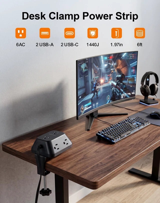 Alt view image 2 of 7 - Desk Clamp Power Strip, 6 AC, 2 USB-C & 2 USB-A, 1440J, 6FT Cord Fits 1.97in Desks, 17W Shared USB Charging, 45° Flat Plug & 3-Side Layout for Home Office, Standing Desk and Gaming Setups