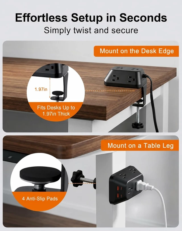 Alt view image 3 of 7 - Desk Clamp Power Strip, 6 AC, 2 USB-C & 2 USB-A, 1440J, 6FT Cord Fits 1.97in Desks, 17W Shared USB Charging, 45° Flat Plug & 3-Side Layout for Home Office, Standing Desk and Gaming Setups