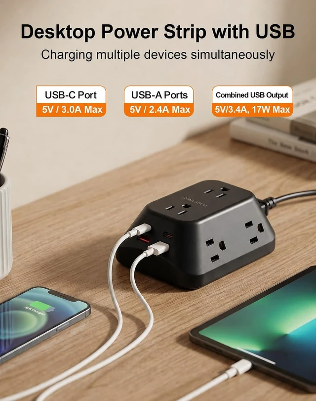 Alt view image 4 of 7 - Desk Clamp Power Strip, 6 AC, 2 USB-C & 2 USB-A, 1440J, 6FT Cord Fits 1.97in Desks, 17W Shared USB Charging, 45° Flat Plug & 3-Side Layout for Home Office, Standing Desk and Gaming Setups