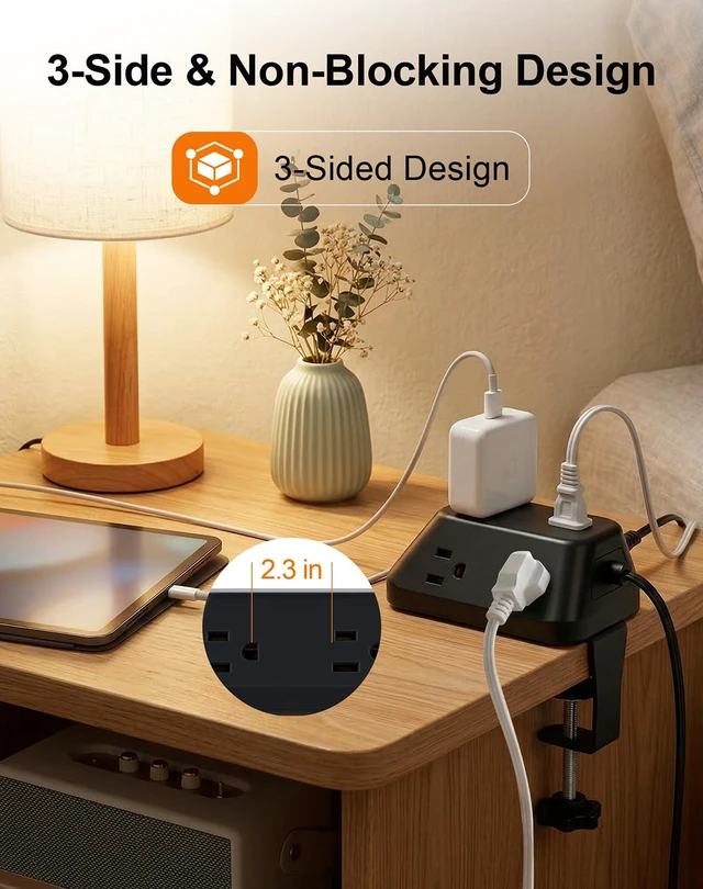 Alt view image 5 of 7 - Desk Clamp Power Strip, 6 AC, 2 USB-C & 2 USB-A, 1440J, 6FT Cord Fits 1.97in Desks, 17W Shared USB Charging, 45° Flat Plug & 3-Side Layout for Home Office, Standing Desk and Gaming Setups