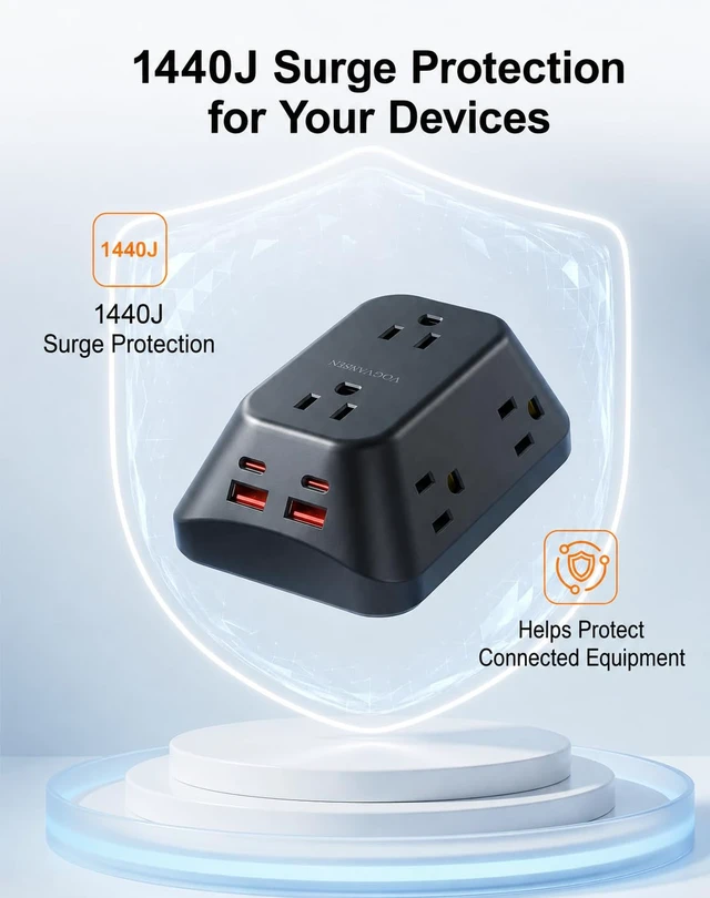 Alt view image 6 of 7 - Desk Clamp Power Strip, 6 AC, 2 USB-C & 2 USB-A, 1440J, 6FT Cord Fits 1.97in Desks, 17W Shared USB Charging, 45° Flat Plug & 3-Side Layout for Home Office, Standing Desk and Gaming Setups
