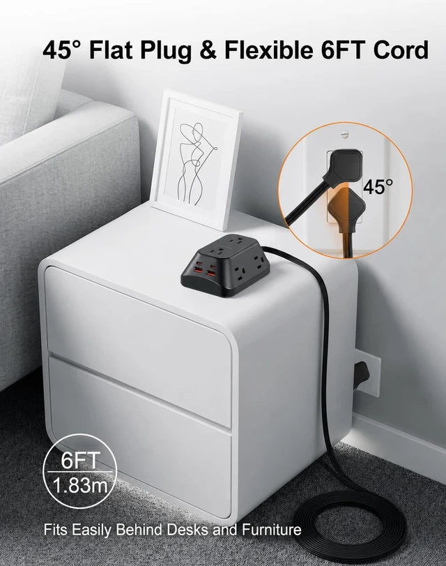 Alt view image 7 of 7 - Desk Clamp Power Strip, 6 AC, 2 USB-C & 2 USB-A, 1440J, 6FT Cord Fits 1.97in Desks, 17W Shared USB Charging, 45° Flat Plug & 3-Side Layout for Home Office, Standing Desk and Gaming Setups