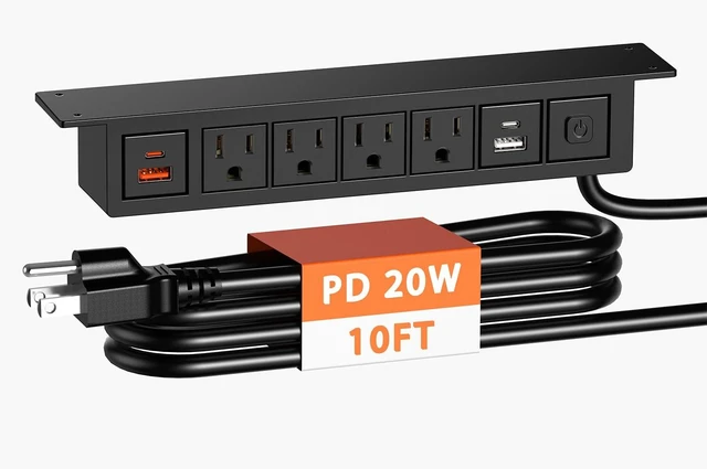 Main image of Under Desk Power Strip with 20W USB C, 8-in-1 Desk Outlet Station, 4 AC Outlets, 2 USB-C, 2 USB-A, 10FT Cable, Desk Mount Power Strip for Home Office Conference, ETL Listed(Black)