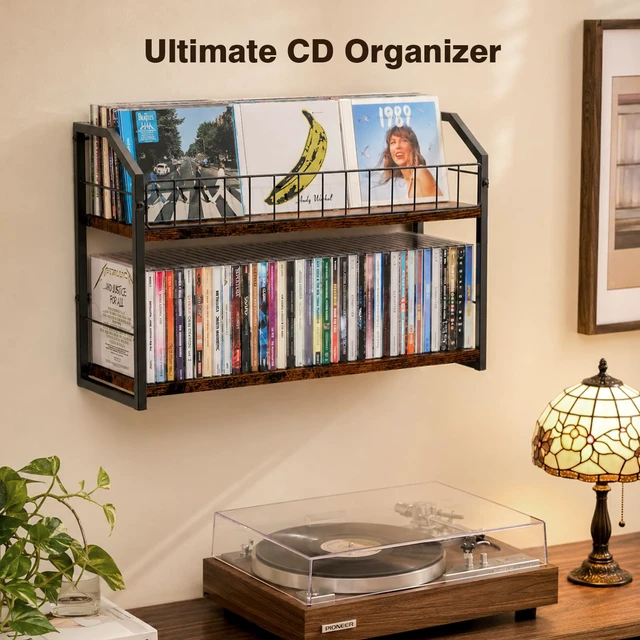 Alt view image 6 of 7 - 2-Tier CD Storage Rack for Wall Mount, CD Holder with Display Holds 84 CDs, Showcase Your Collection on the Wall, Max Load 22 lbs, Save Desktop Space, for Muisc Lover