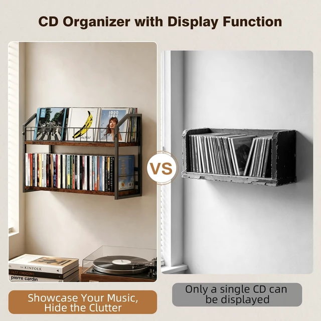 Alt view image 7 of 7 - 2-Tier CD Storage Rack for Wall Mount, CD Holder with Display Holds 84 CDs, Showcase Your Collection on the Wall, Max Load 22 lbs, Save Desktop Space, for Muisc Lover