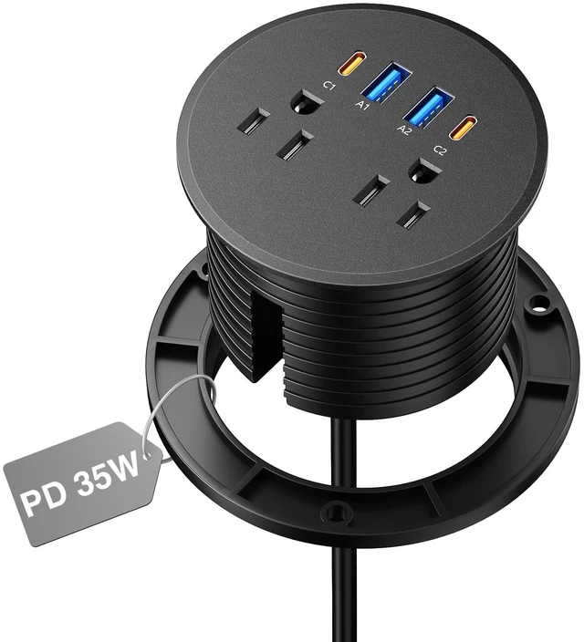 Main image of 3 inch Desk Power Grommet Outlet USB C PD 35W, 2 USB-A 18W, Black 6 FT Cord 2 AC Outlets, 2 USB-C 35W Fast Charging, Black Recessed Power Grommet, Flush-Mount for Desktop, Nightstand, Conference Table