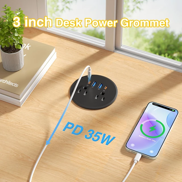 Alt view image 2 of 7 - 3 inch Desk Power Grommet Outlet USB C PD 35W, 2 USB-A 18W, Black 6 FT Cord 2 AC Outlets, 2 USB-C 35W Fast Charging, Black Recessed Power Grommet, Flush-Mount for Desktop, Nightstand, Conference Table