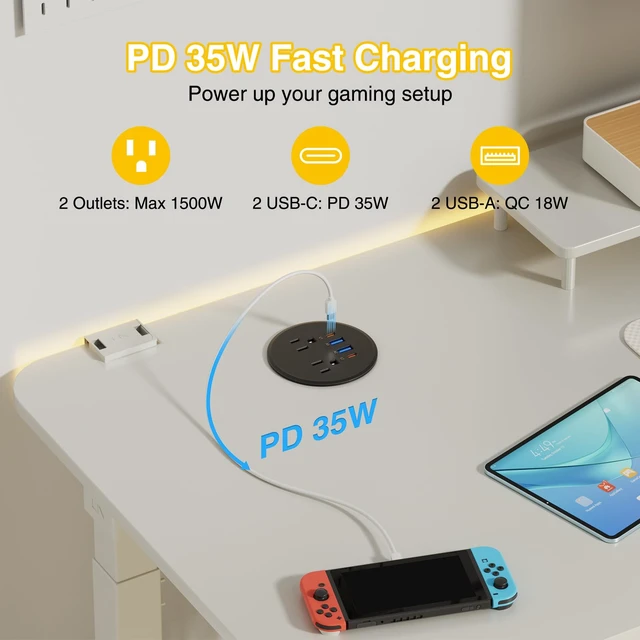 Alt view image 3 of 7 - 3 inch Desk Power Grommet Outlet USB C PD 35W, 2 USB-A 18W, Black 6 FT Cord 2 AC Outlets, 2 USB-C 35W Fast Charging, Black Recessed Power Grommet, Flush-Mount for Desktop, Nightstand, Conference Table