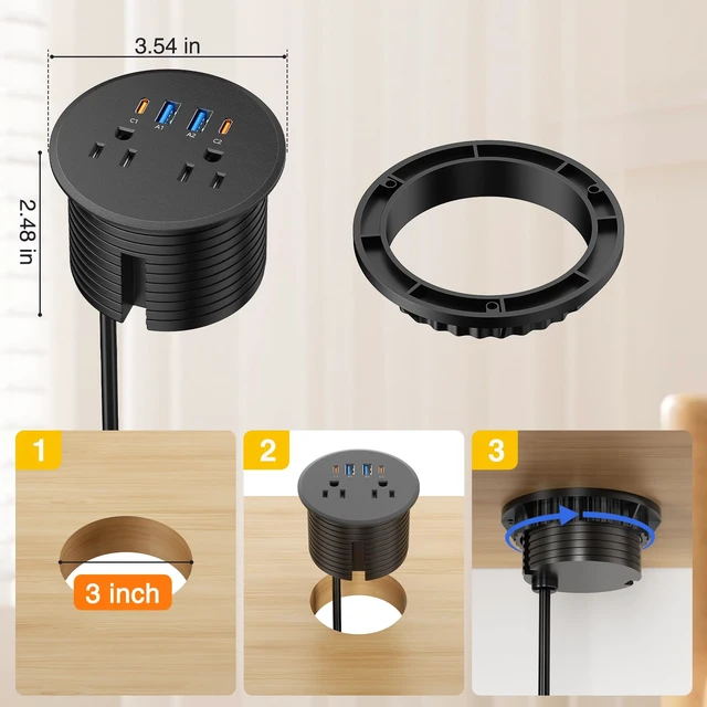 Alt view image 7 of 7 - 3 inch Desk Power Grommet Outlet USB C PD 35W, 2 USB-A 18W, Black 6 FT Cord 2 AC Outlets, 2 USB-C 35W Fast Charging, Black Recessed Power Grommet, Flush-Mount for Desktop, Nightstand, Conference Table