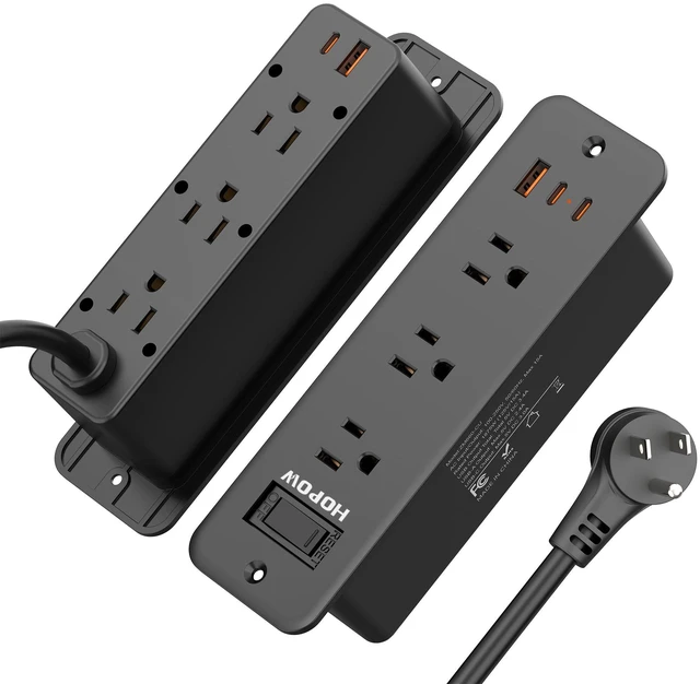 Main image of Recessed Power Strip, 6 Outlets 5 USB (3 USB-C, 15W/3A Max), 5FT Flat Plug Flush mount power strip, desktop charging station for desk, nightstand, side table, 1875W/15A, 900J surge protection, Black
